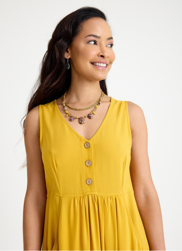 V Neck Button Detail Sleeveless Yellow Casual Dress 4578
